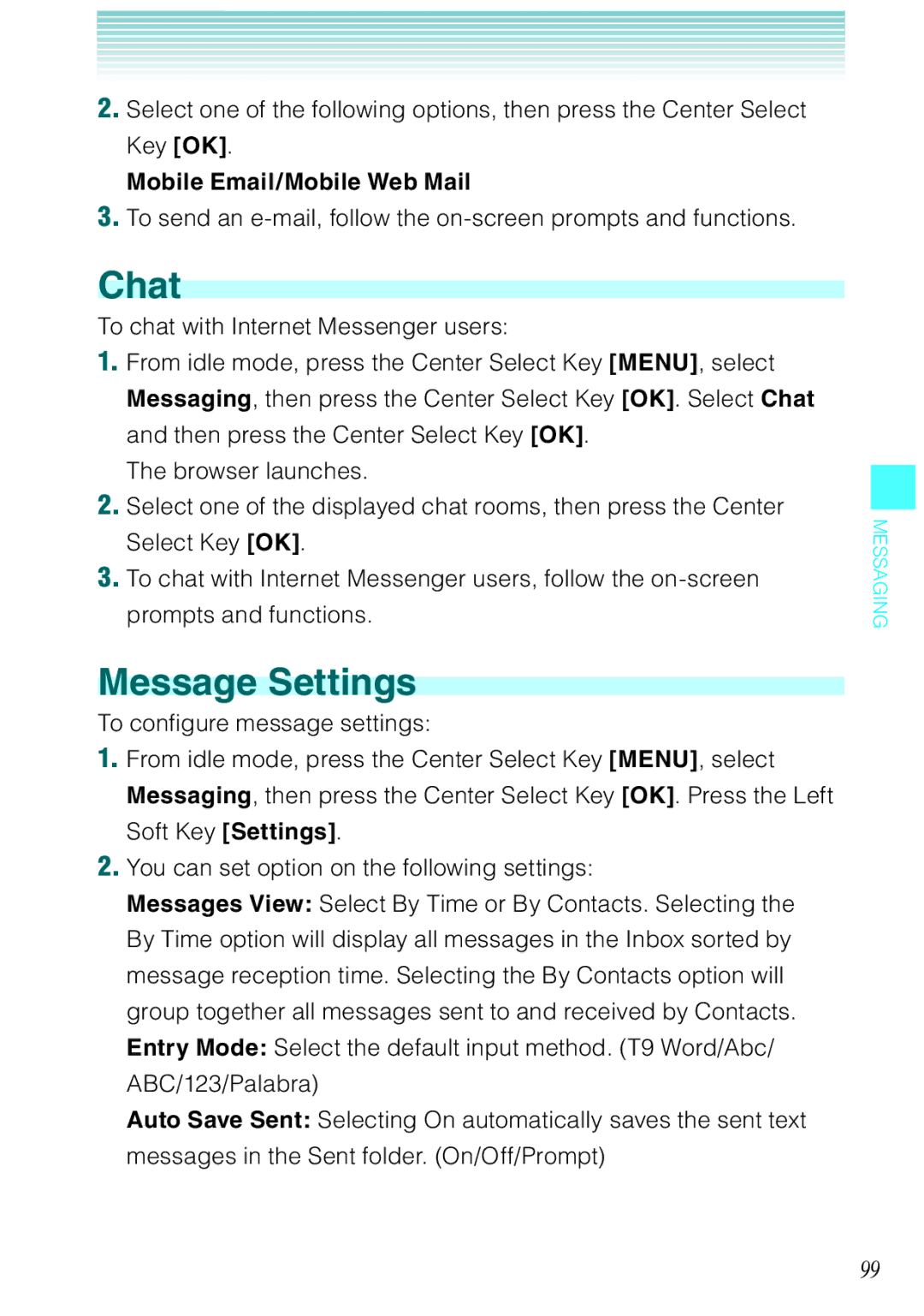 Casio Rock manual Chat, Message Settings, Mobile Email/Mobile Web Mail 