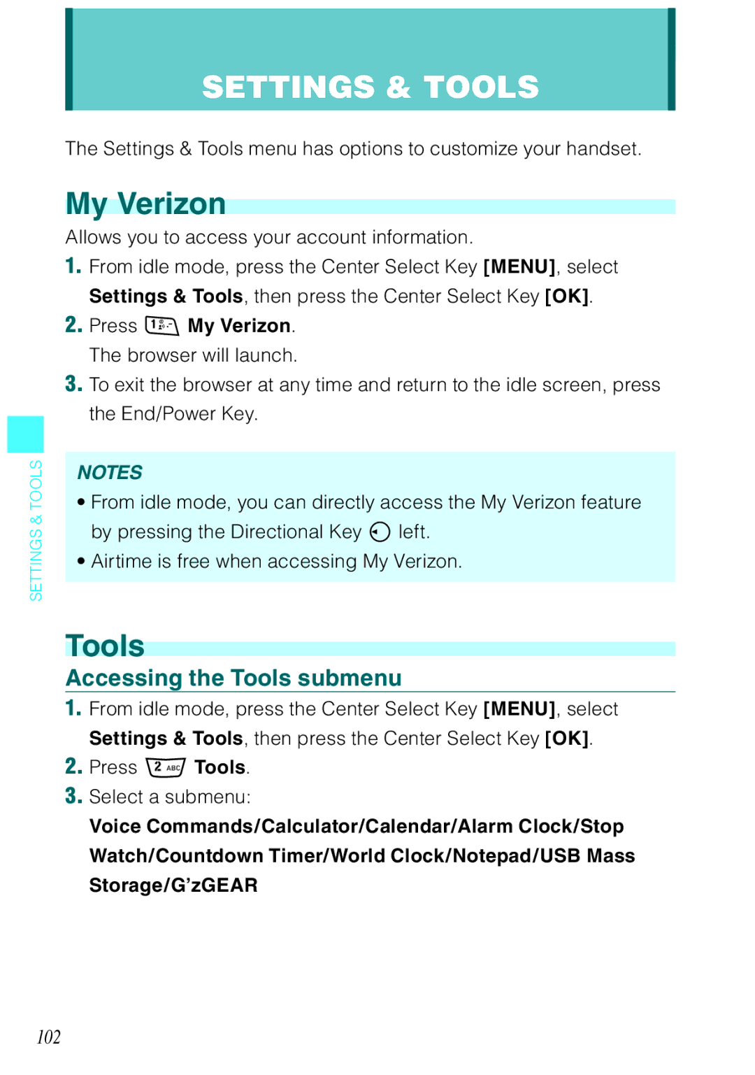 Casio Rock My Verizon, Accessing the Tools submenu, 102, Settings & Tools menu has options to customize your handset 