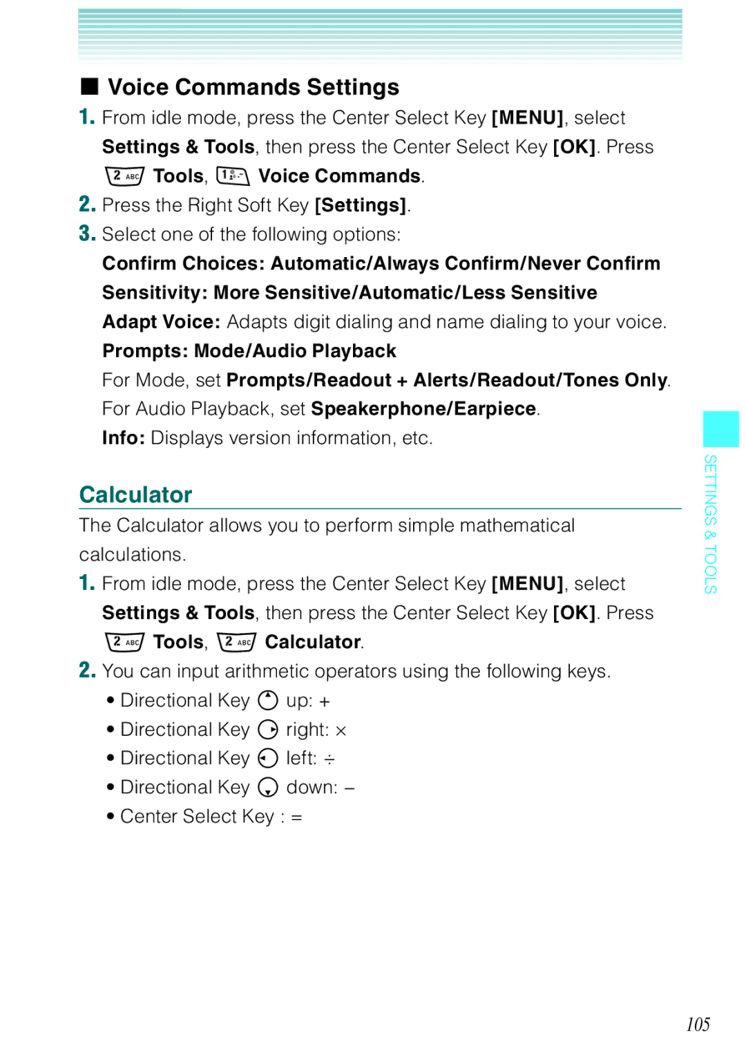 Casio Rock manual Voice Commands Settings, 105, Info Displays version information, etc, Tools, Calculator 