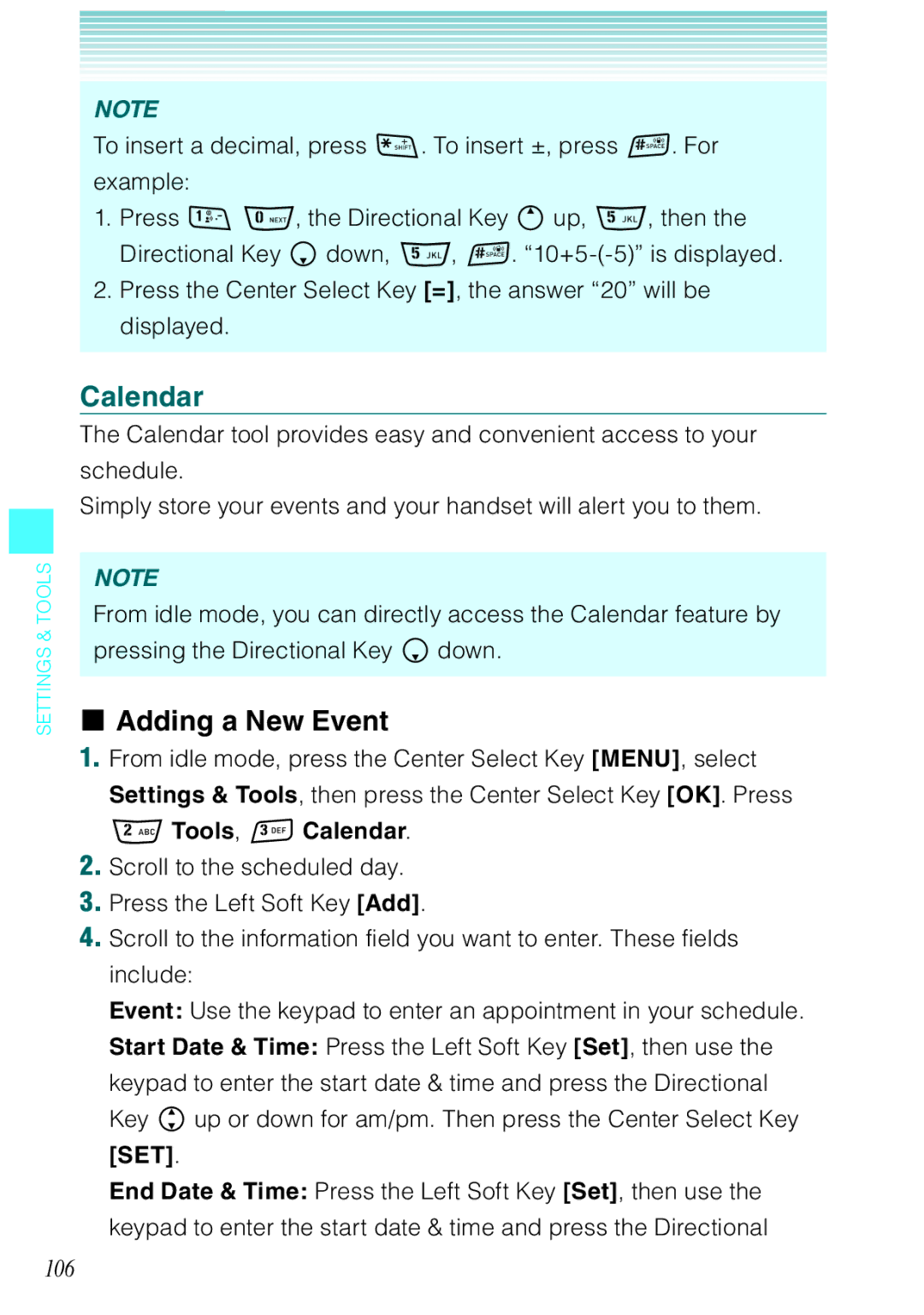 Casio Rock manual Adding a New Event, 106, Tools, Calendar 