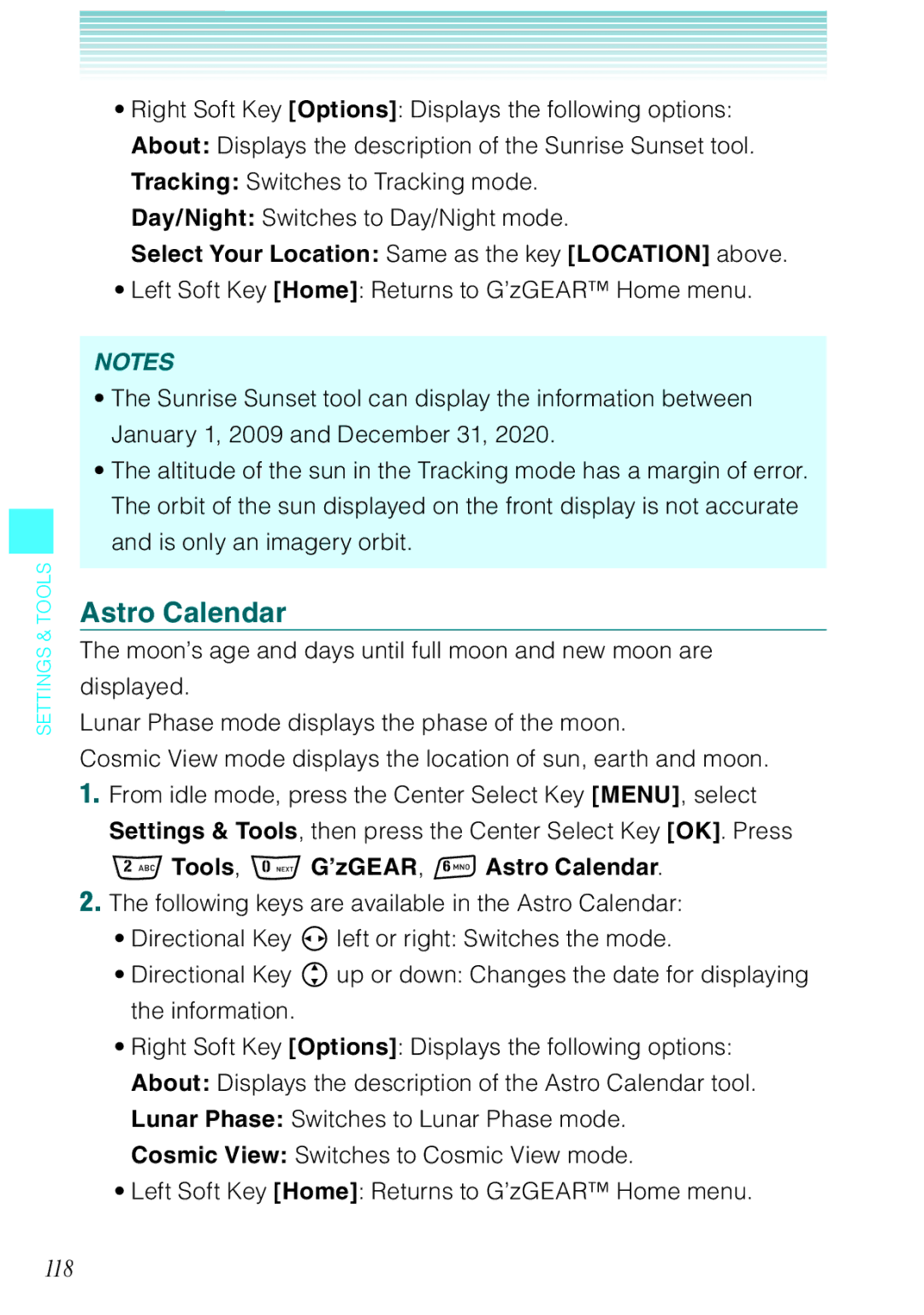 Casio Rock manual 118, Tools, G’zGEAR, Astro Calendar 