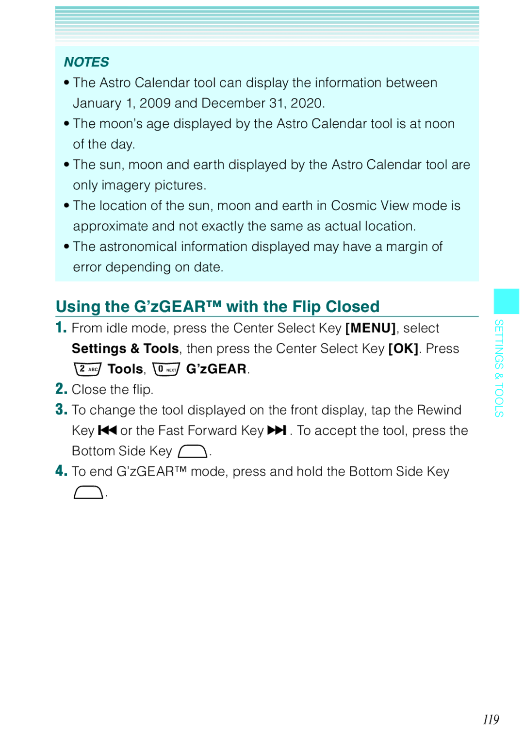 Casio Rock manual Using the G’zGEAR with the Flip Closed, 119, Tools, G’zGEAR 