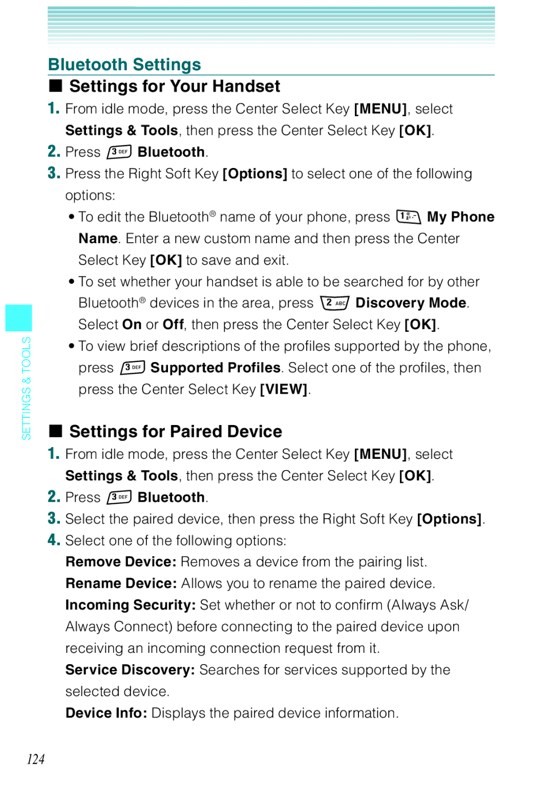 Casio Rock manual Bluetooth Settings, Settings for Your Handset, Settings for Paired Device, 124 