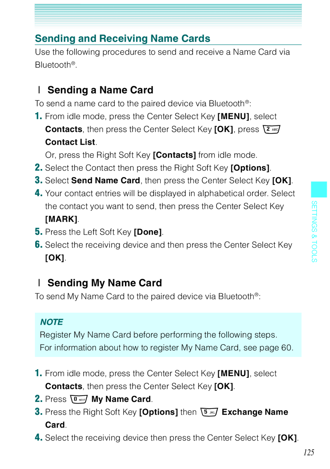 Casio Rock manual Sending and Receiving Name Cards, Sending a Name Card, Sending My Name Card, 125 