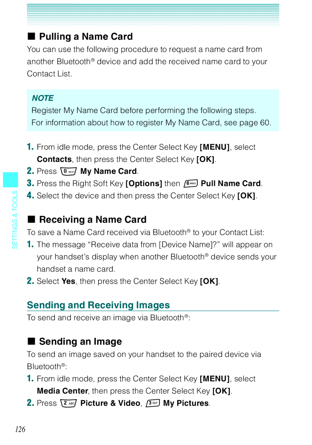 Casio Rock manual Pulling a Name Card, Receiving a Name Card, Sending and Receiving Images, Sending an Image, 126 