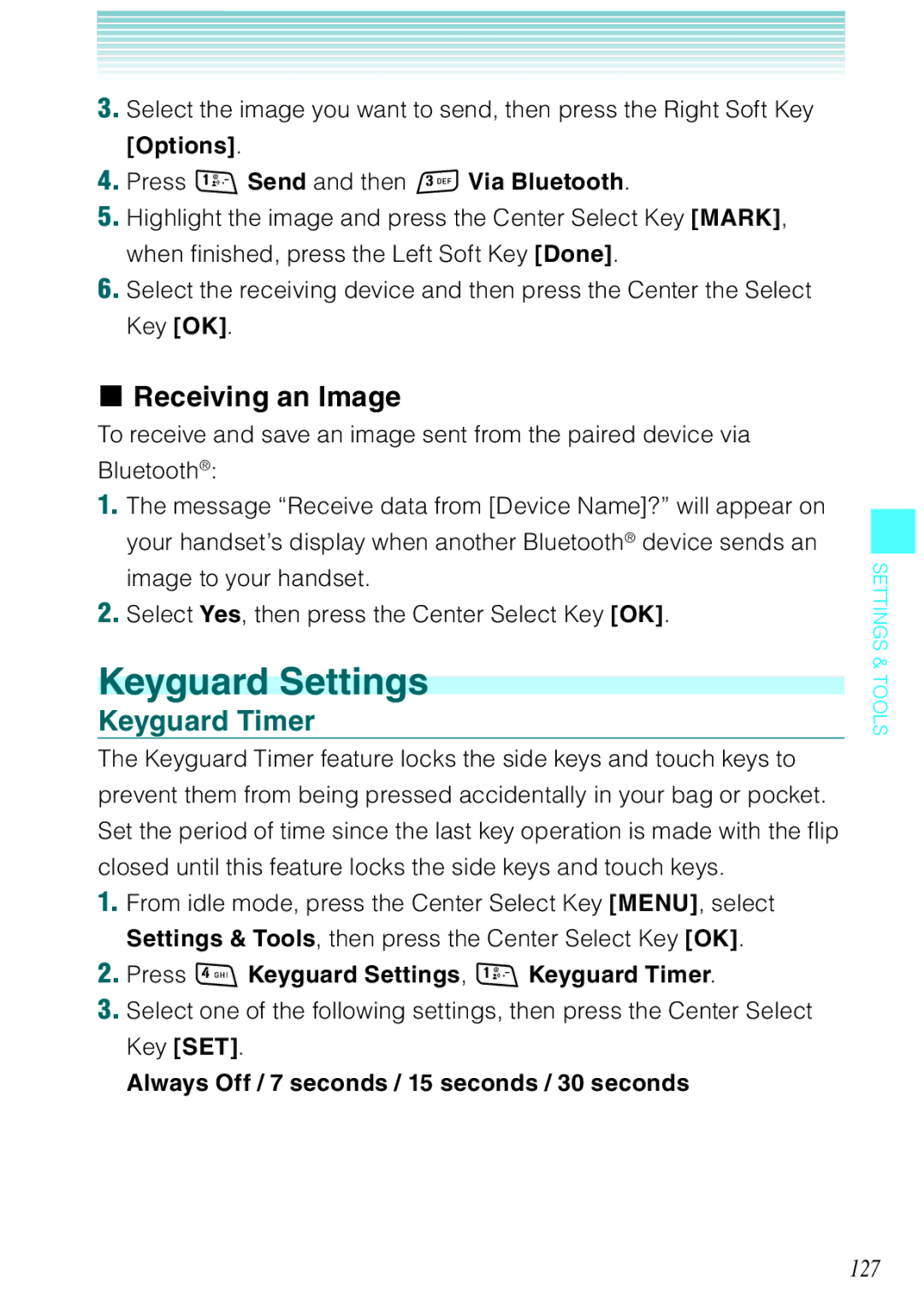 Casio Rock manual Keyguard Settings, Receiving an Image, Keyguard Timer, 127 