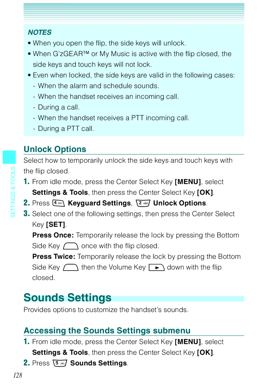 Casio Rock manual Unlock Options, Accessing the Sounds Settings submenu, 128 