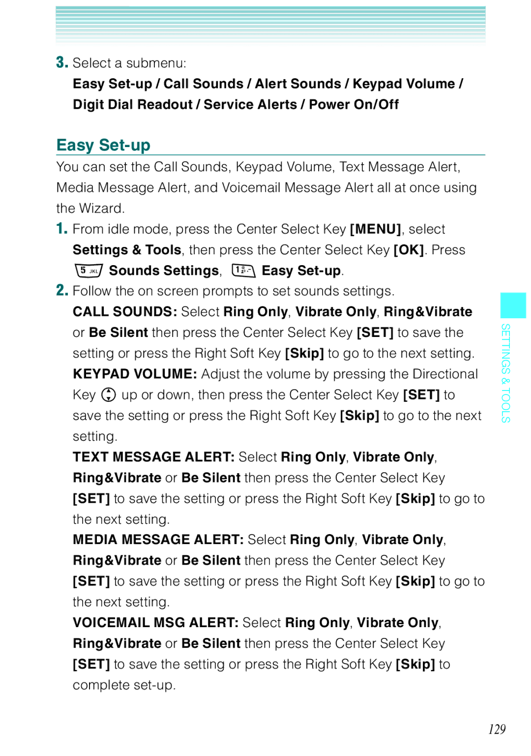 Casio Rock manual 129, Sounds Settings, Easy Set-up, Follow the on screen prompts to set sounds settings 