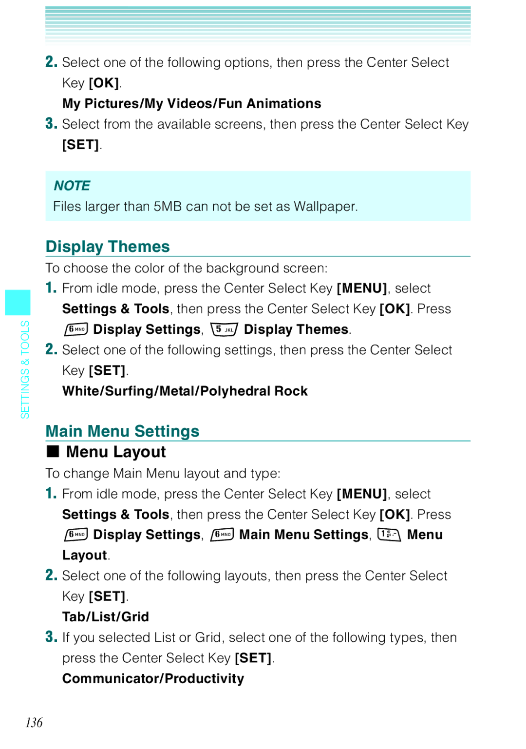 Casio Rock manual Display Themes, Main Menu Settings, Menu Layout, 136 