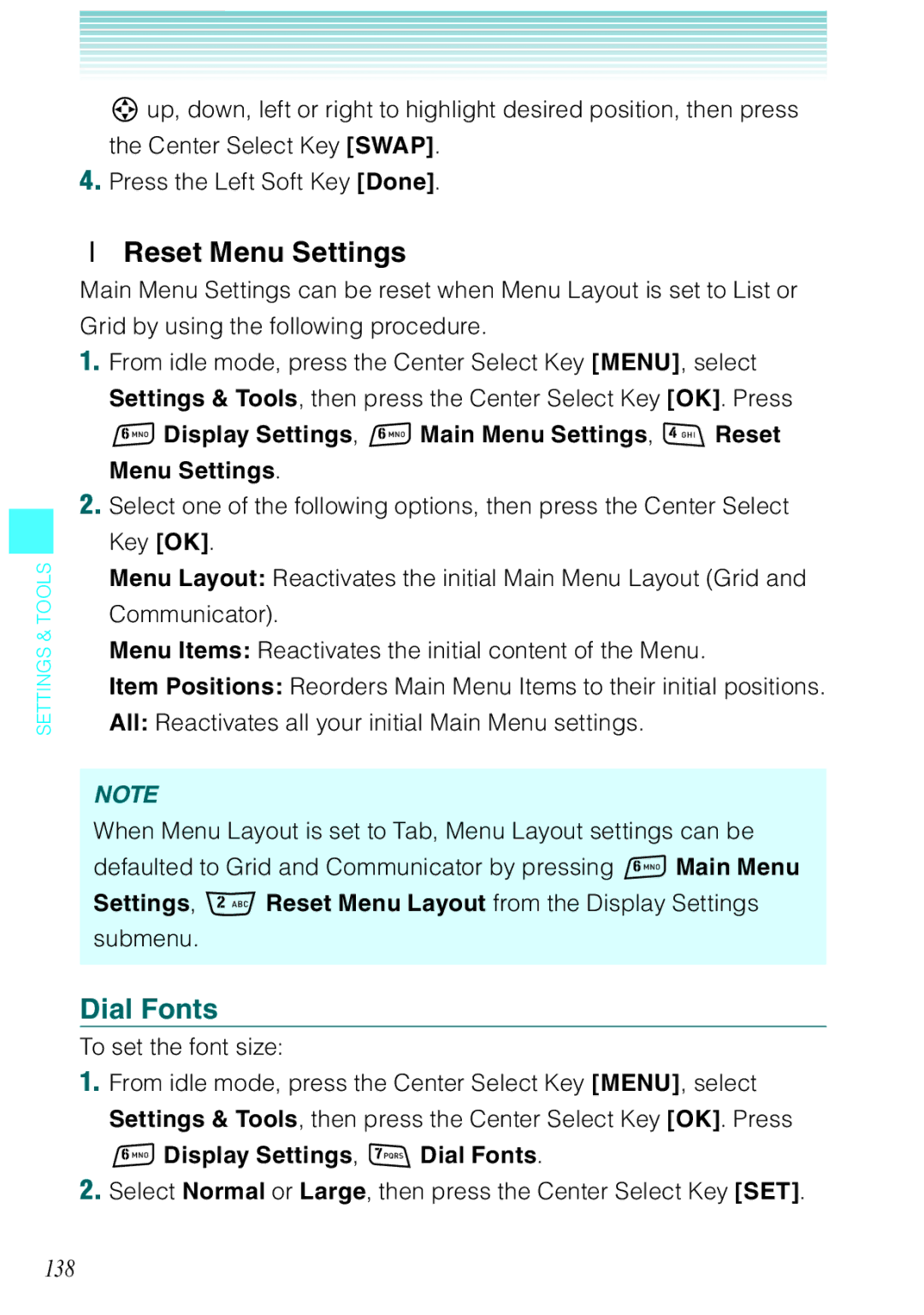 Casio Rock manual Reset Menu Settings, Dial Fonts, 138, Display Settings , Main Menu Settings Reset 