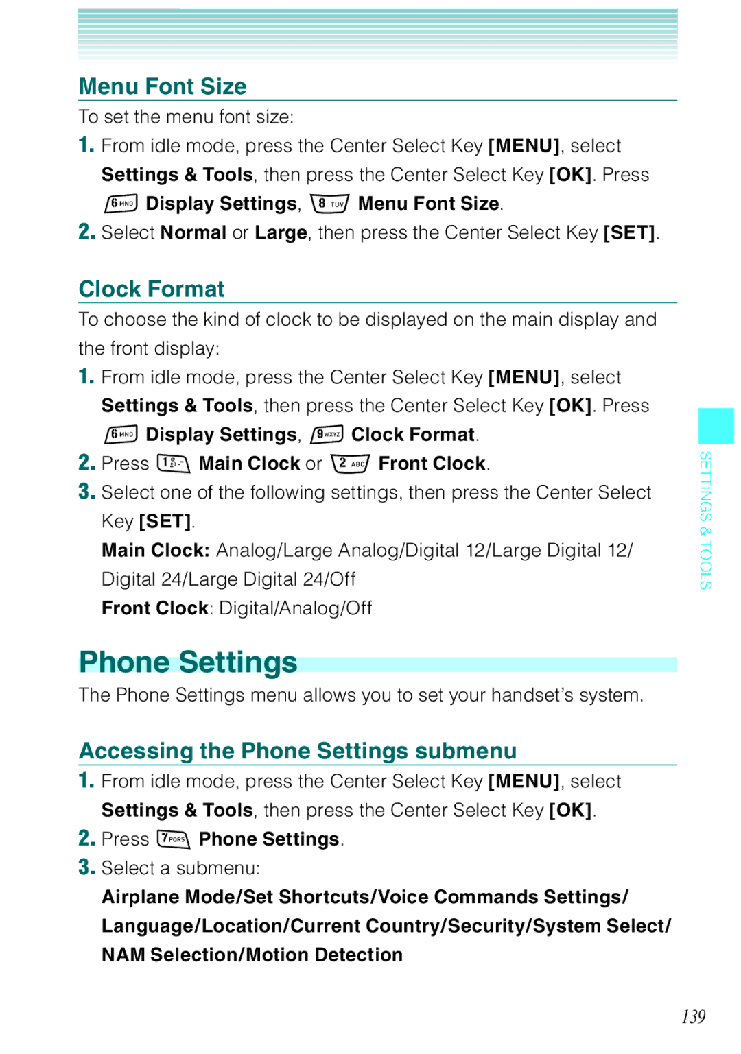 Casio Rock manual Menu Font Size, Clock Format, Accessing the Phone Settings submenu, 139 