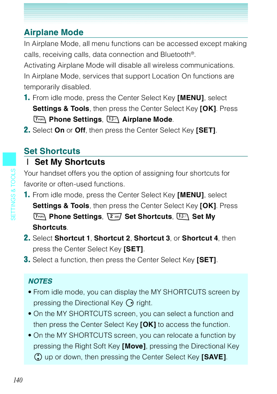 Casio Rock manual Set Shortcuts, Set My Shortcuts, 140, Phone Settings, Airplane Mode 