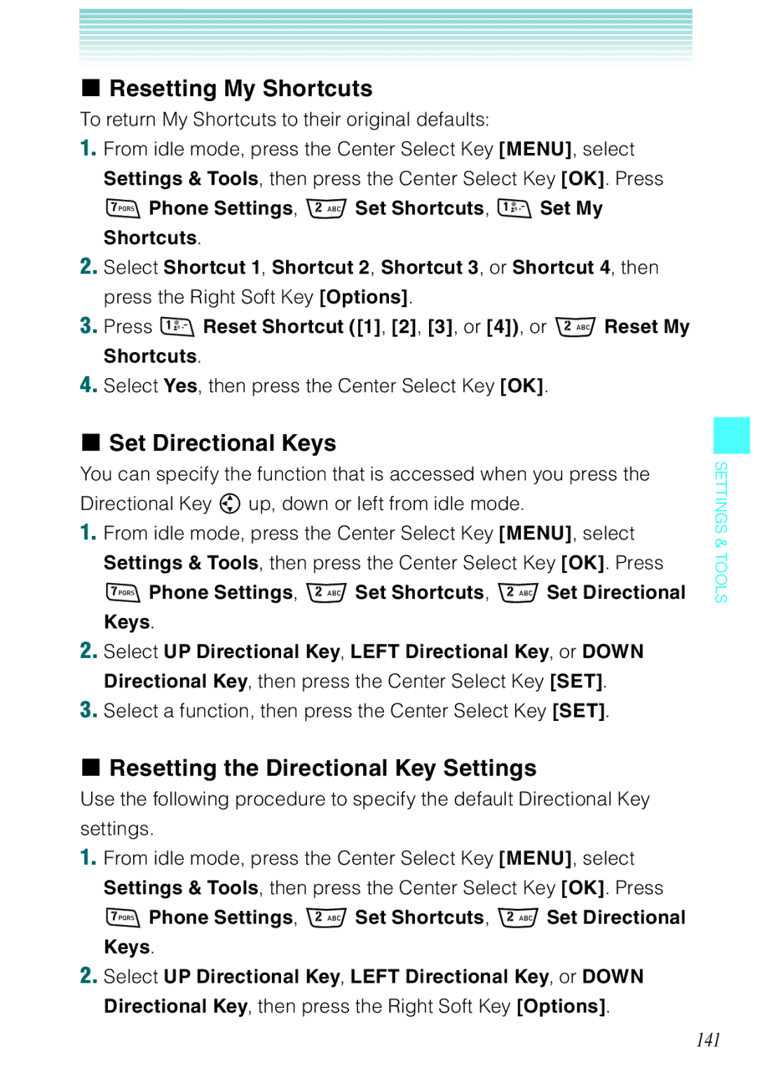 Casio Rock manual Resetting My Shortcuts, Set Directional Keys, Resetting the Directional Key Settings, 141 