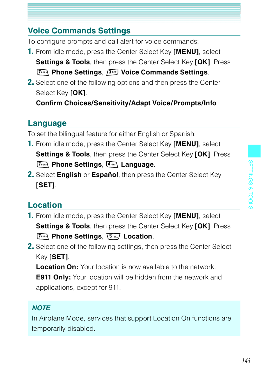 Casio Rock manual Voice Commands Settings, Language, Location, 143 