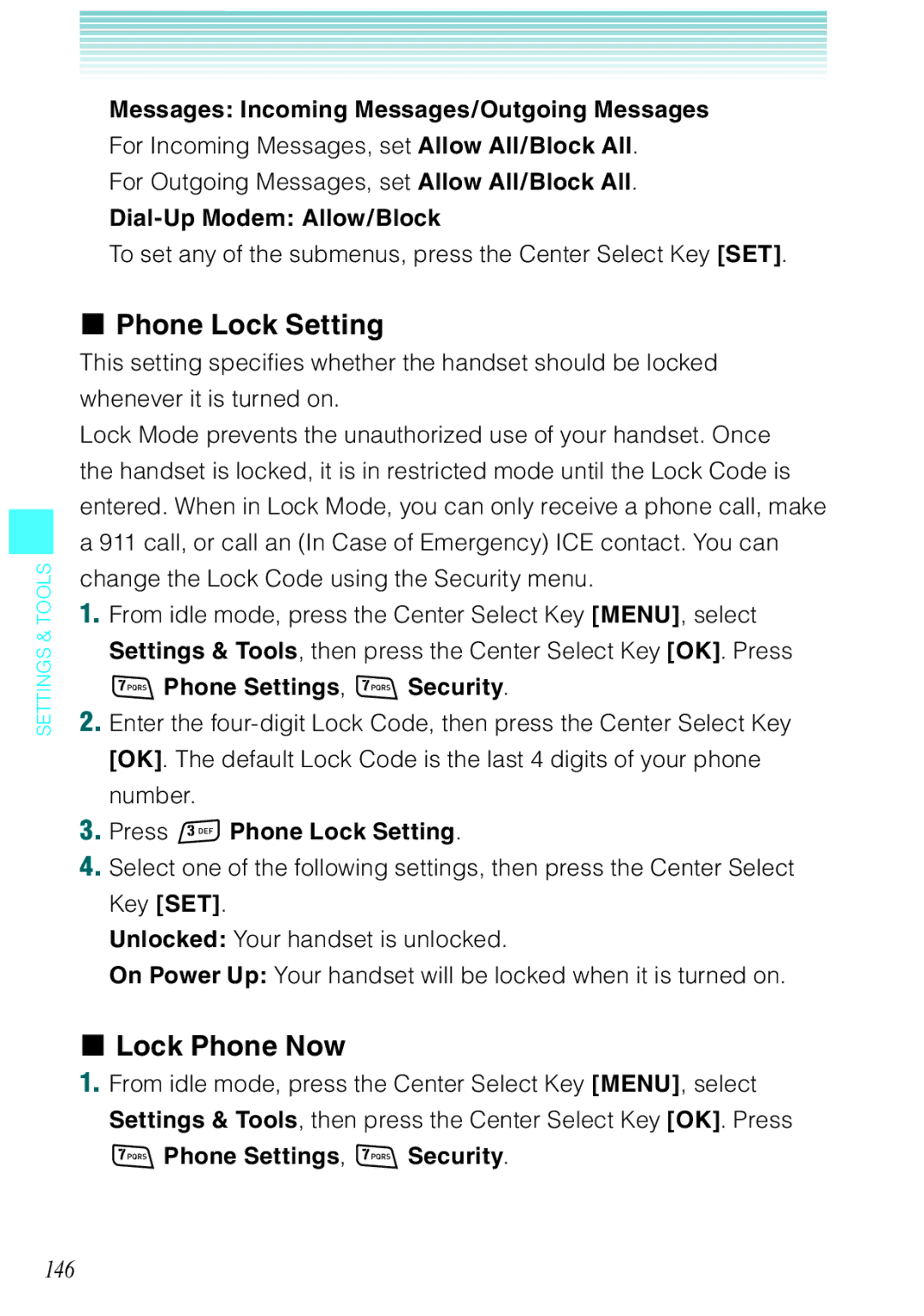 Casio Rock manual Phone Lock Setting, Lock Phone Now, 146 