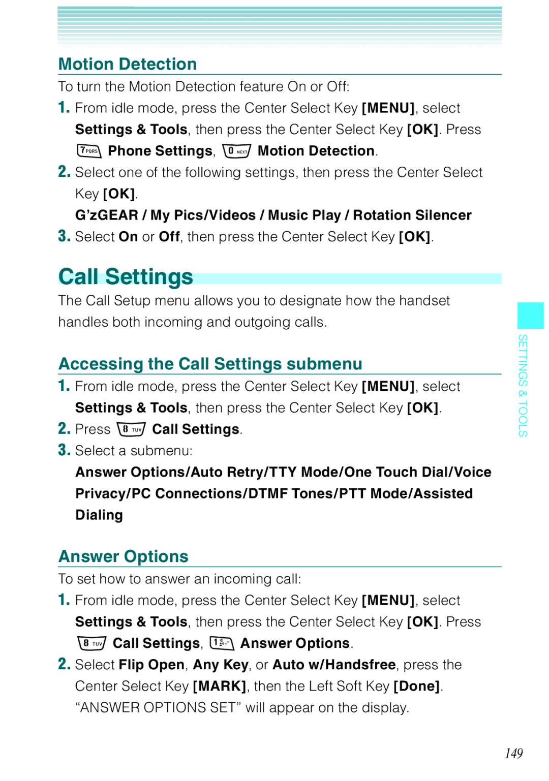 Casio Rock manual Motion Detection, Accessing the Call Settings submenu, Answer Options, 149 