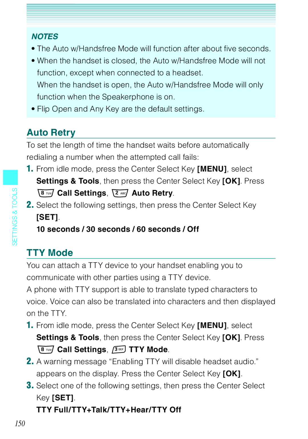 Casio Rock manual Auto Retry, TTY Mode, 150 