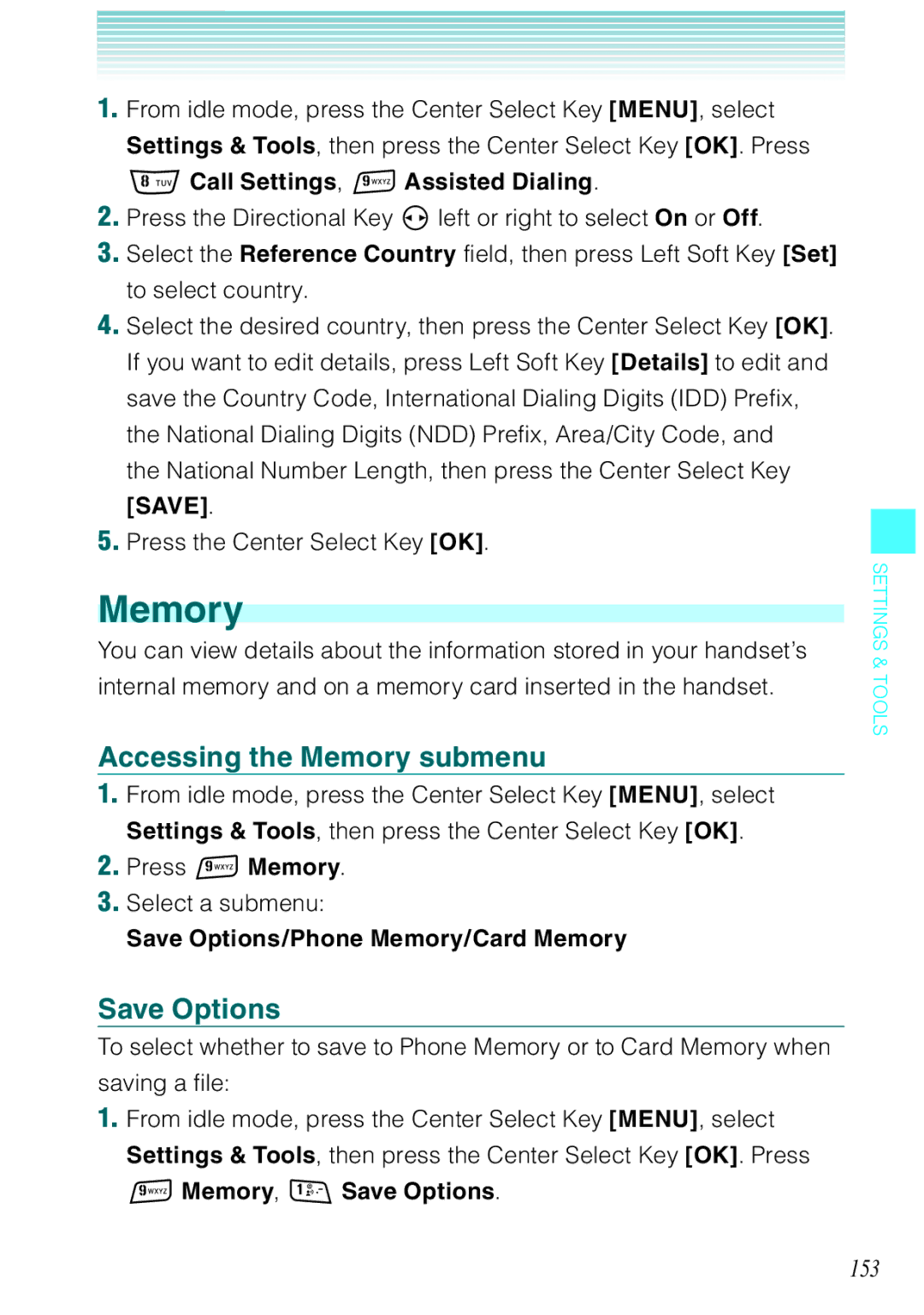 Casio Rock manual Accessing the Memory submenu, Save Options, 153 