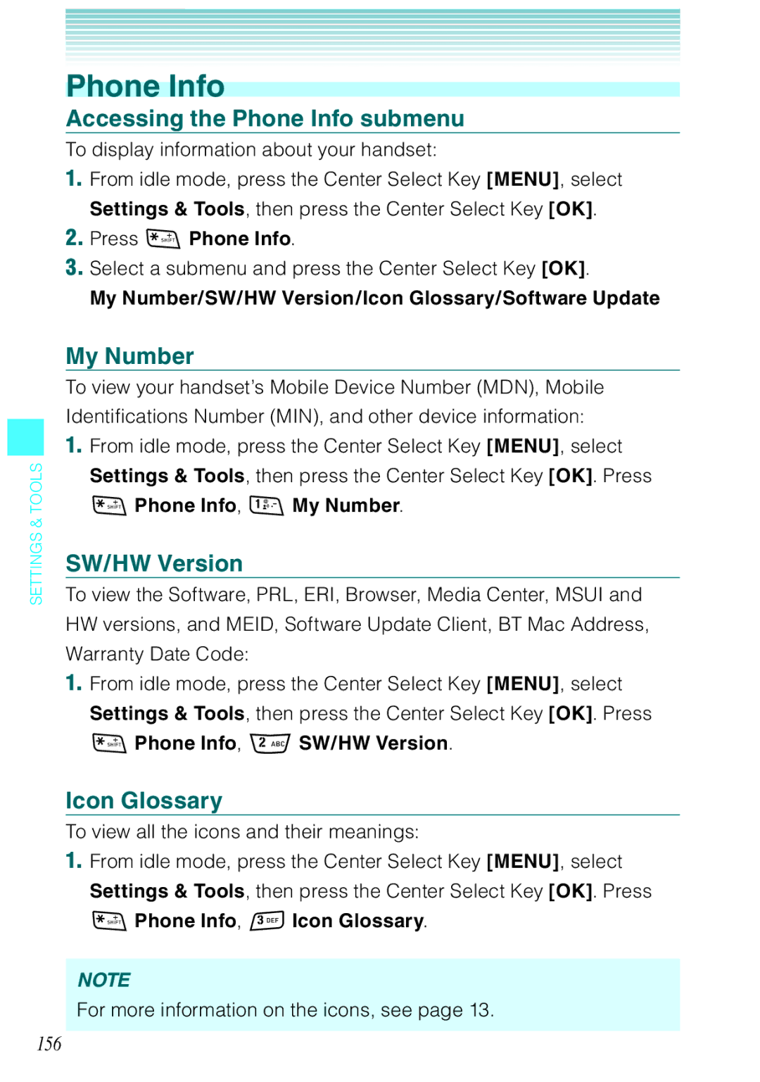 Casio Rock manual Accessing the Phone Info submenu, My Number, SW/HW Version, Icon Glossary 