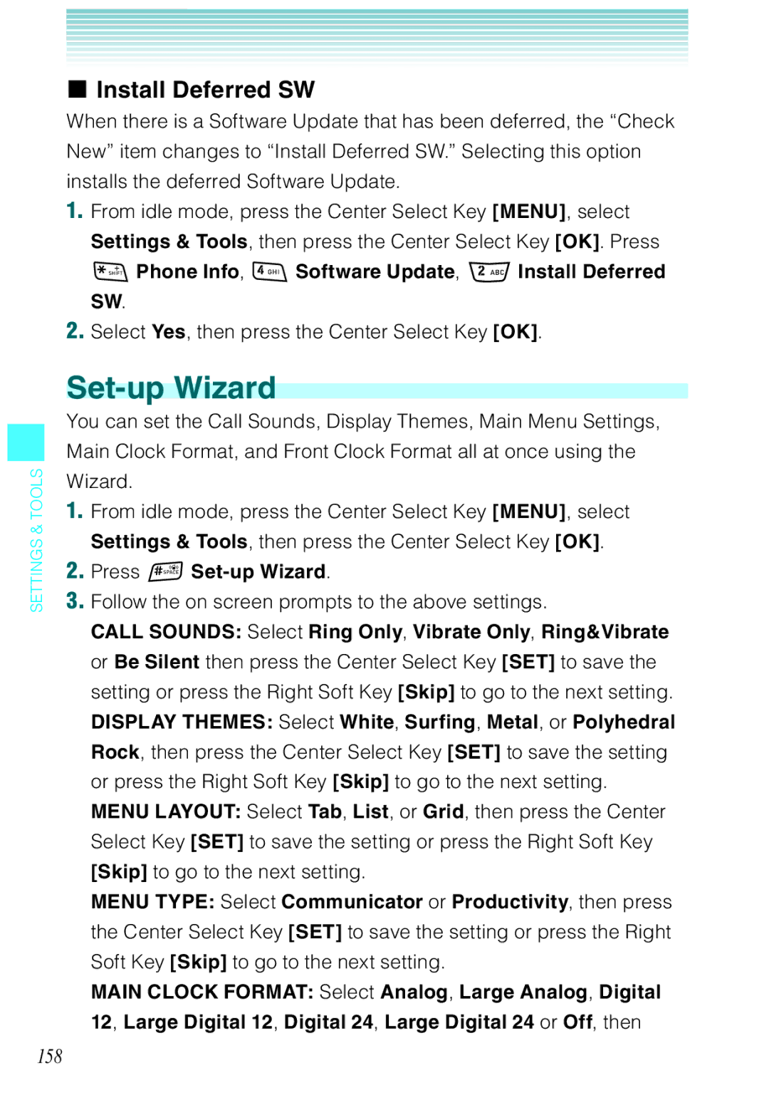 Casio Rock manual 158, Phone Info, Software Update, Install Deferred SW, Press Set-up Wizard 