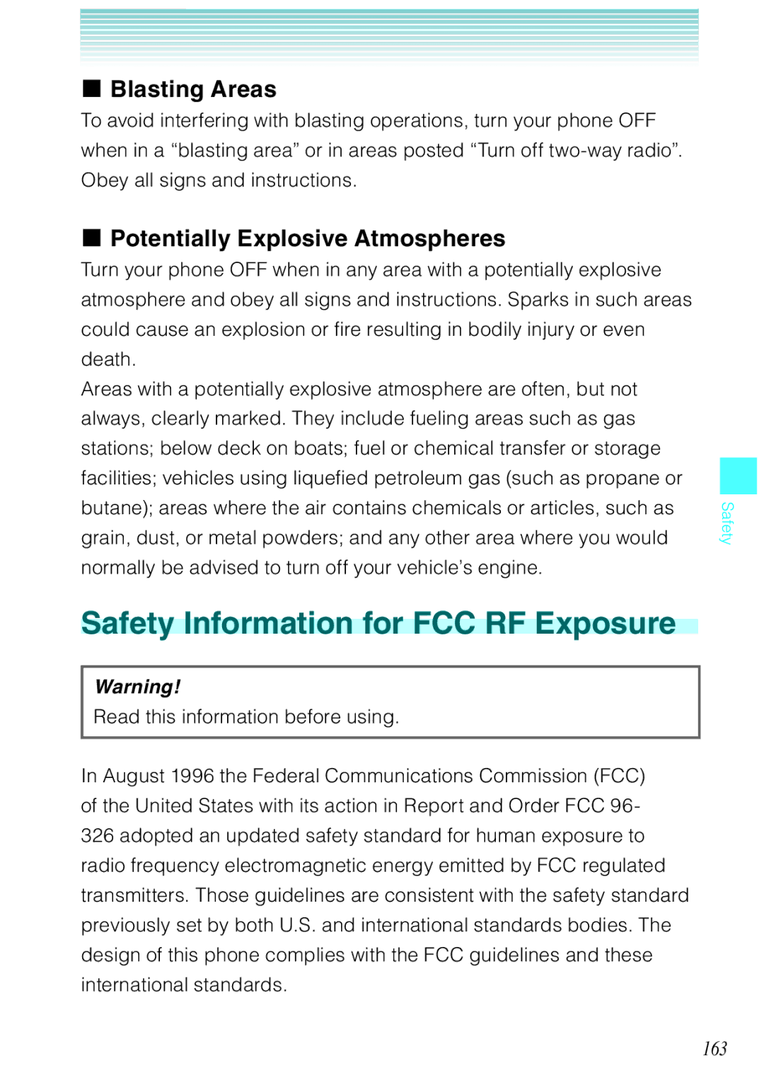 Casio Rock manual Safety Information for FCC RF Exposure, Blasting Areas, Potentially Explosive Atmospheres, 163 