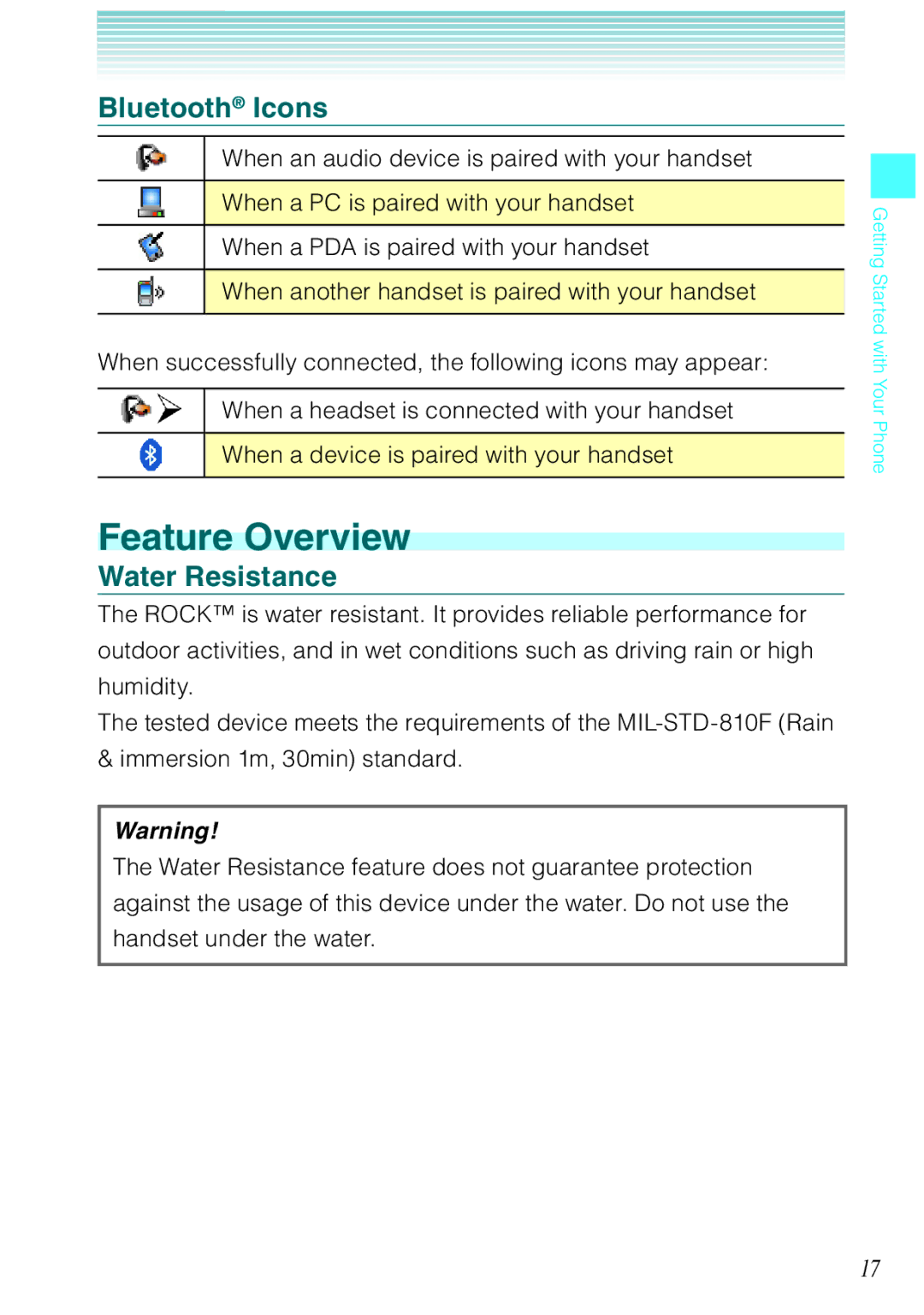 Casio Rock manual Feature Overview, Bluetooth Icons, Water Resistance 