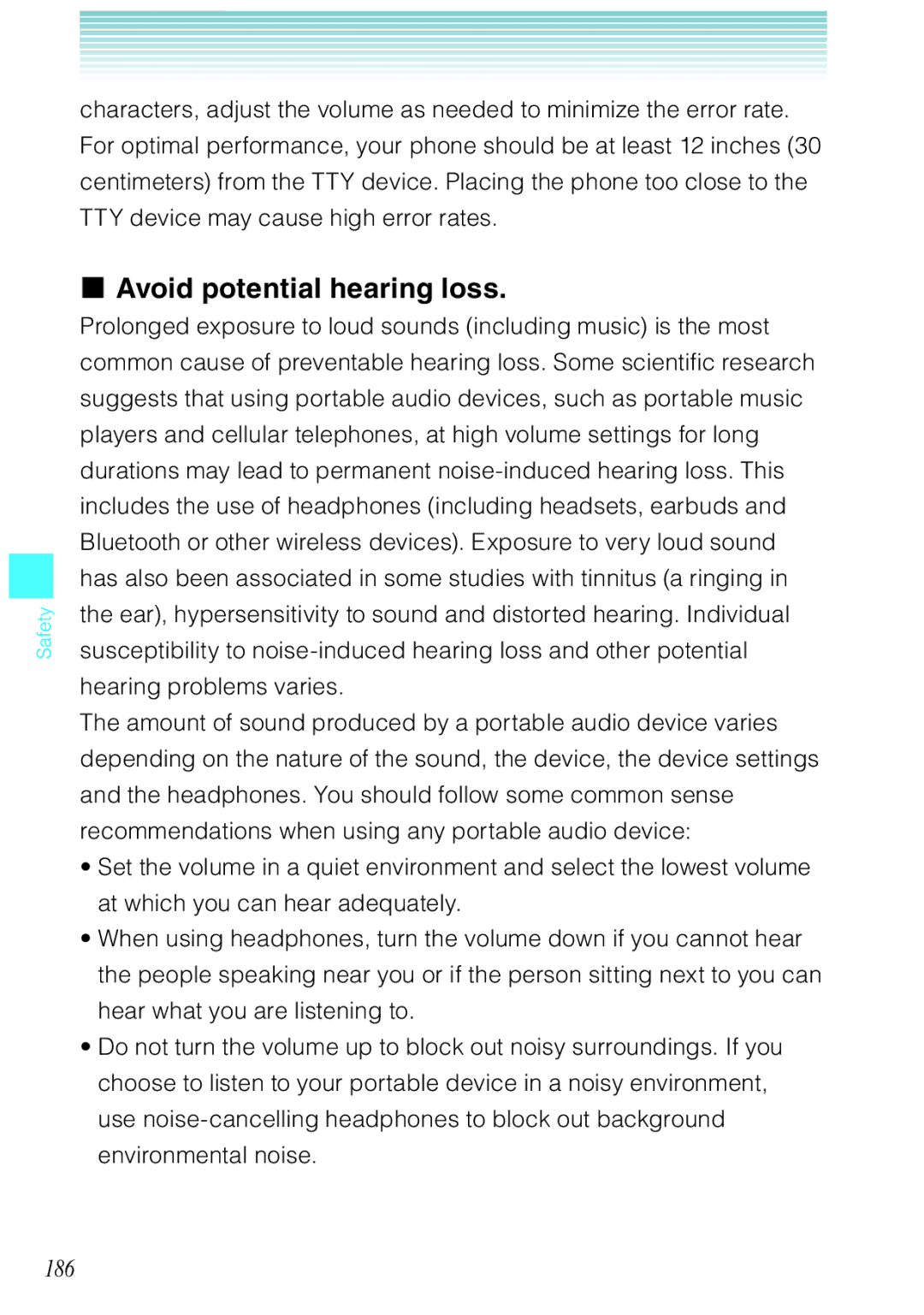 Casio Rock manual Avoid potential hearing loss, 186 