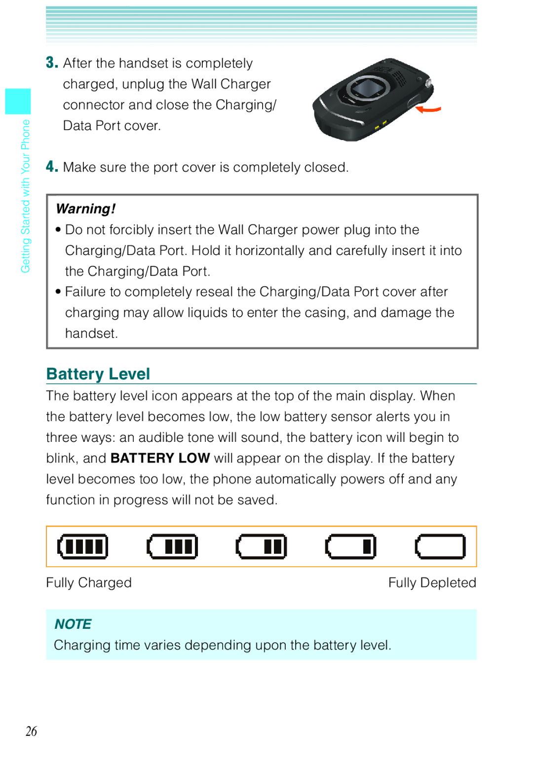 Casio Rock manual Battery Level, Charging time varies depending upon the battery level 