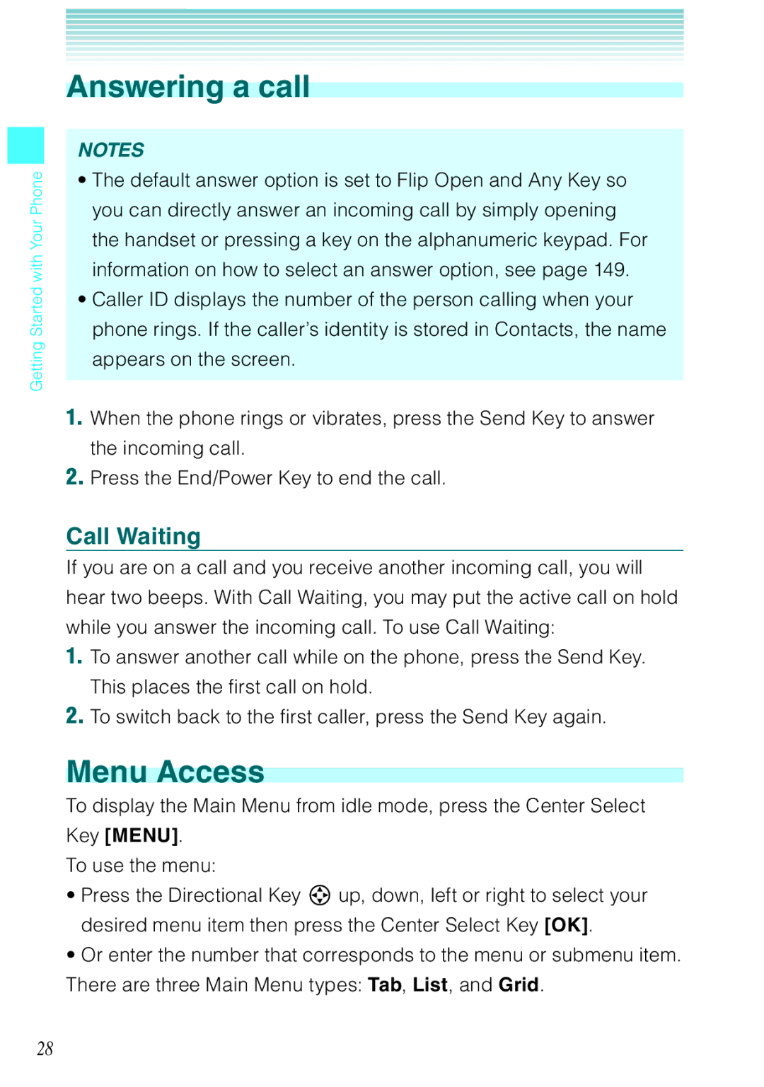 Casio Rock manual Answering a call, Menu Access, Call Waiting 