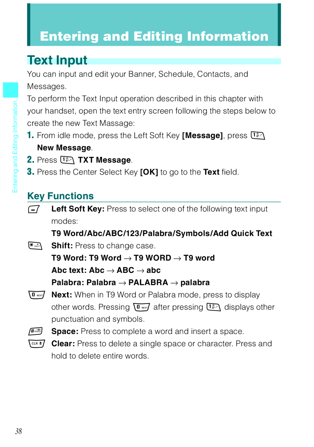 Casio Rock Text Input, Key Functions, New Message Press TXT Message, T9 Word/Abc/ABC/123/Palabra/Symbols/Add Quick Text 