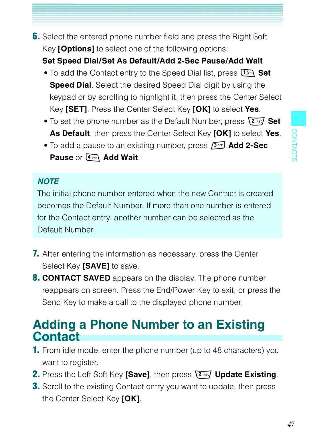 Casio Rock manual Adding a Phone Number to an Existing Contact, Set Speed Dial/Set As Default/Add 2-Sec Pause/Add Wait 