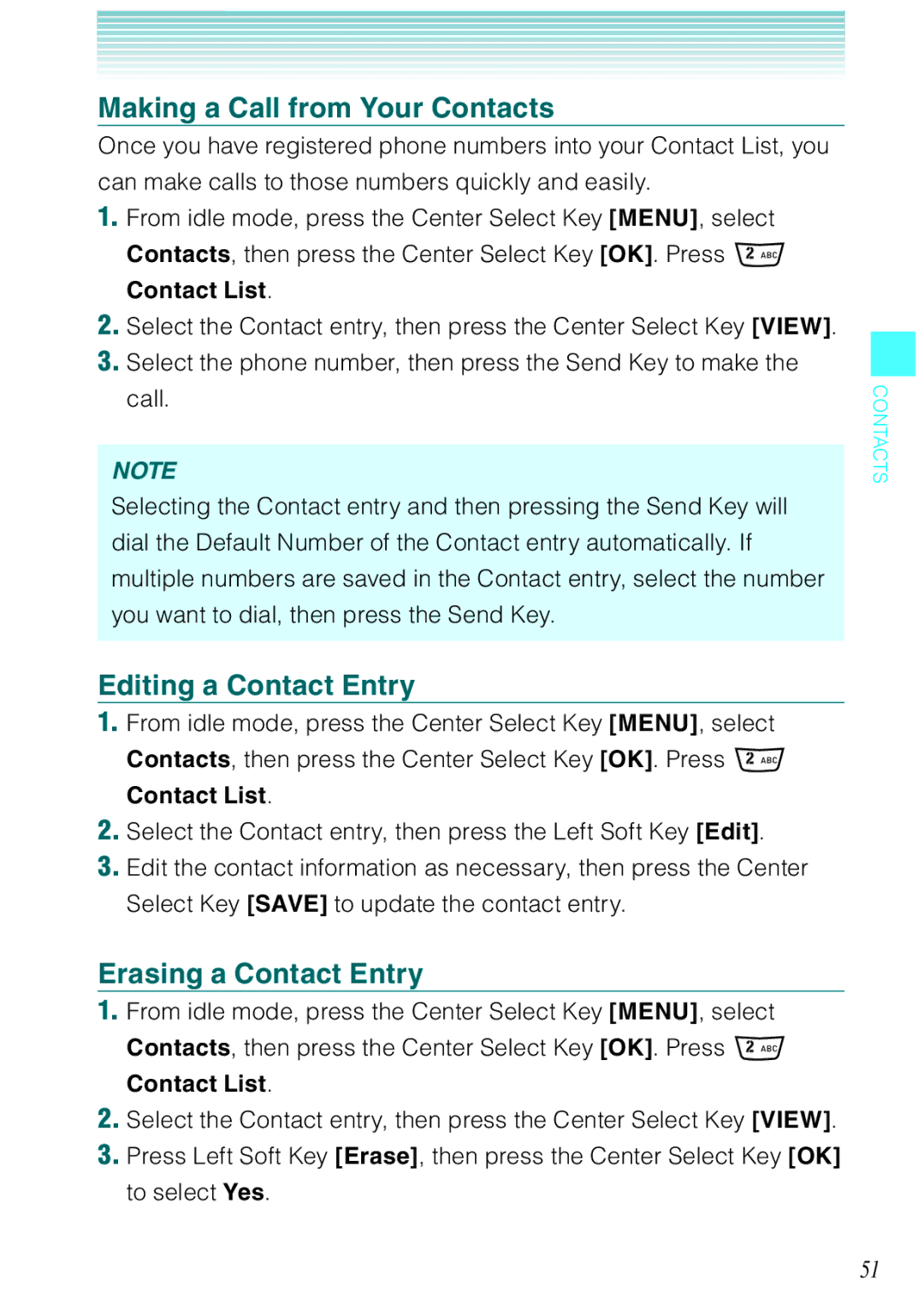 Casio Rock manual Making a Call from Your Contacts, Editing a Contact Entry, Erasing a Contact Entry 