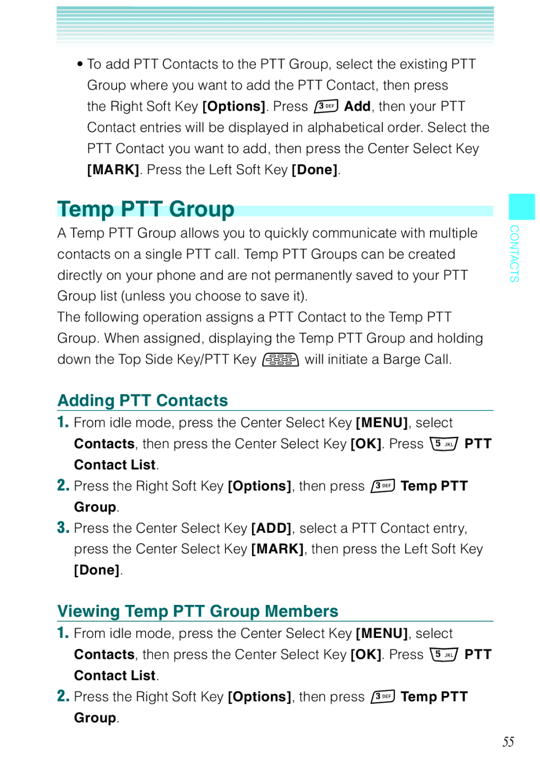 Casio Rock manual Adding PTT Contacts, Viewing Temp PTT Group Members 