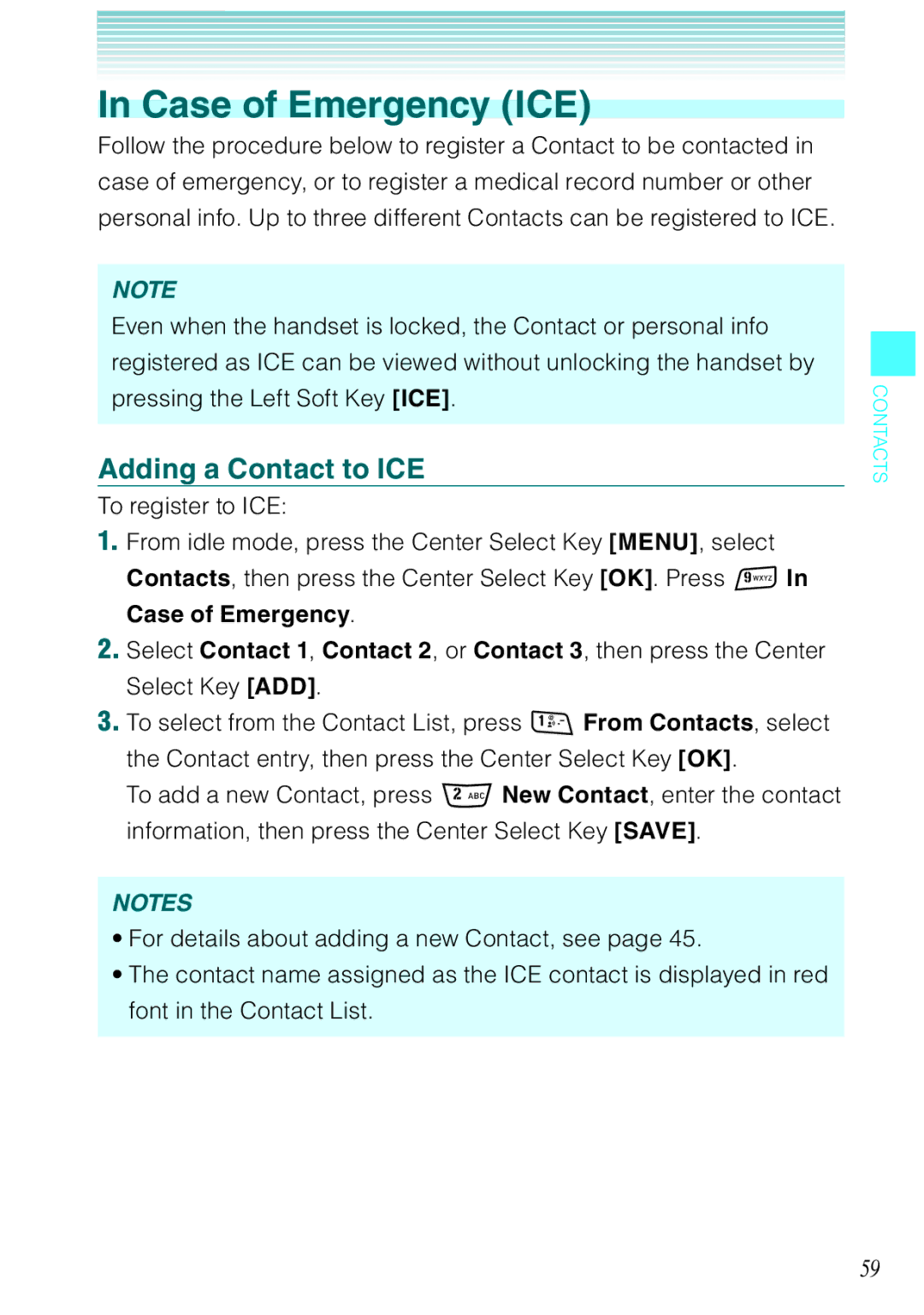 Casio Rock manual Case of Emergency ICE, Adding a Contact to ICE 