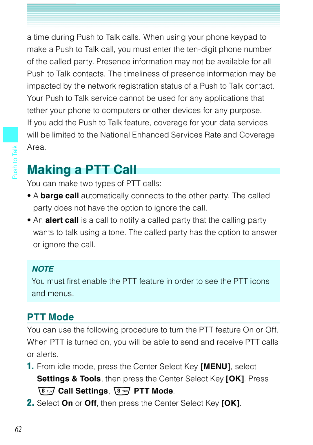 Casio Rock manual Making a PTT Call, Call Settings, PTT Mode 