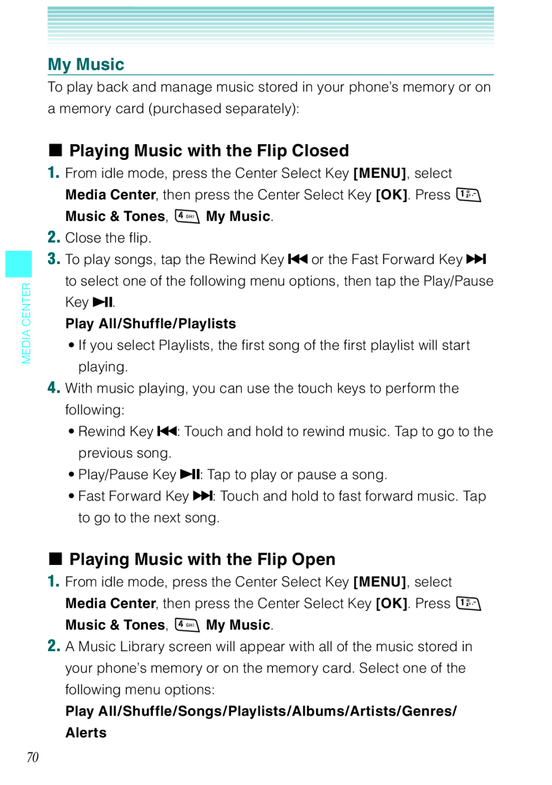 Casio Rock My Music, Playing Music with the Flip Closed, Playing Music with the Flip Open, Play All/Shuffle/Playlists 