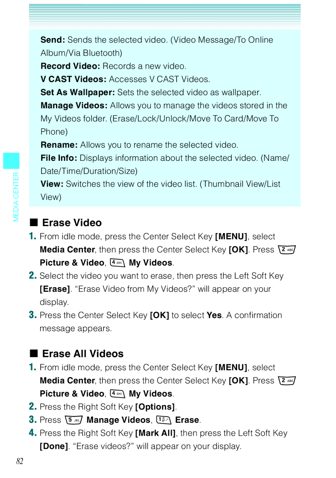 Casio Rock manual Erase Video, Erase All Videos, Press Manage Videos, Erase 