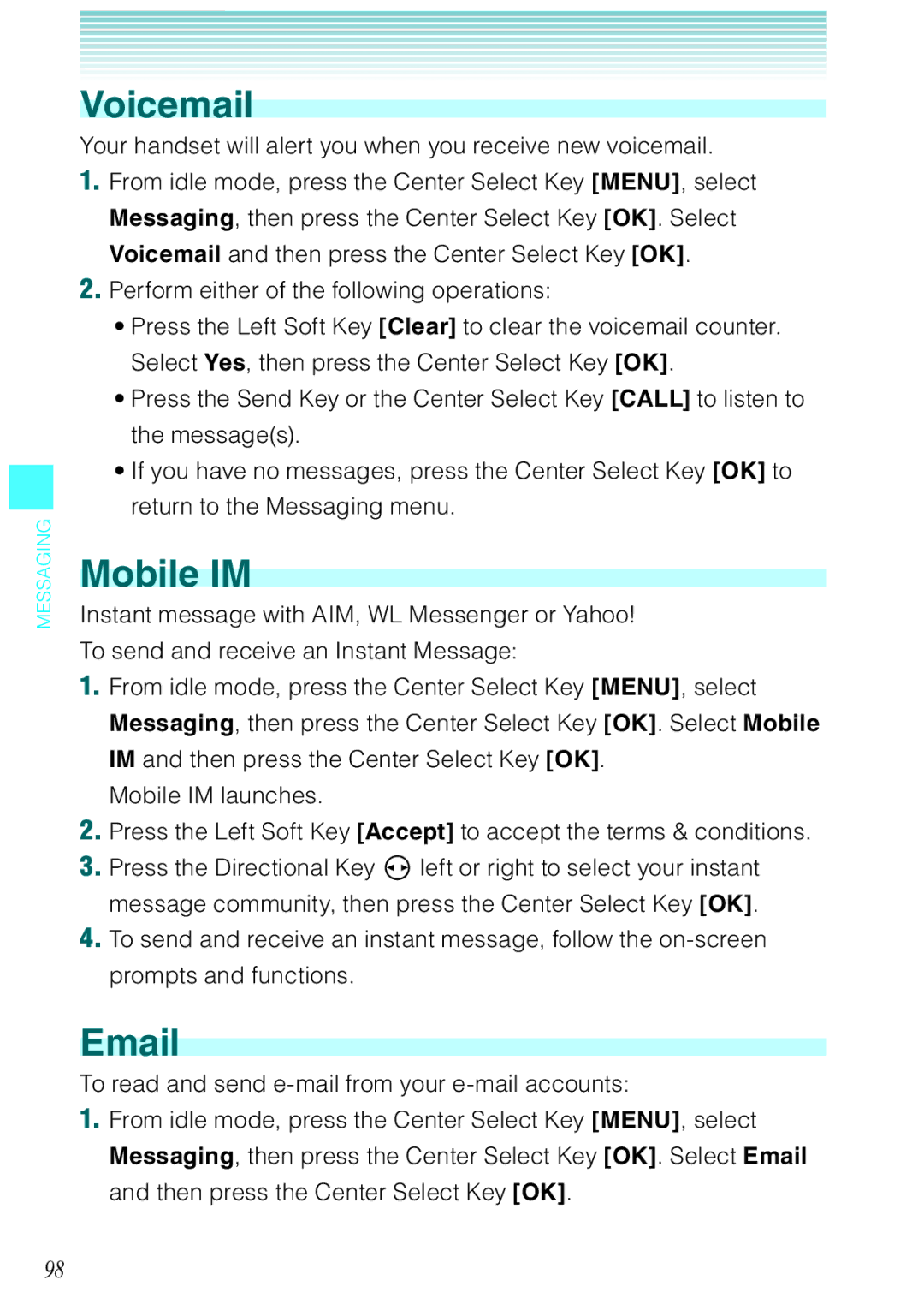 Casio Rock manual Voicemail, Mobile IM 