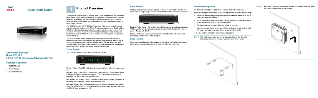 Casio SD208PRF quick start Product Overview, Quick Start Guide, Port 10/100 Unmanaged Switch with PoE Package Contents 