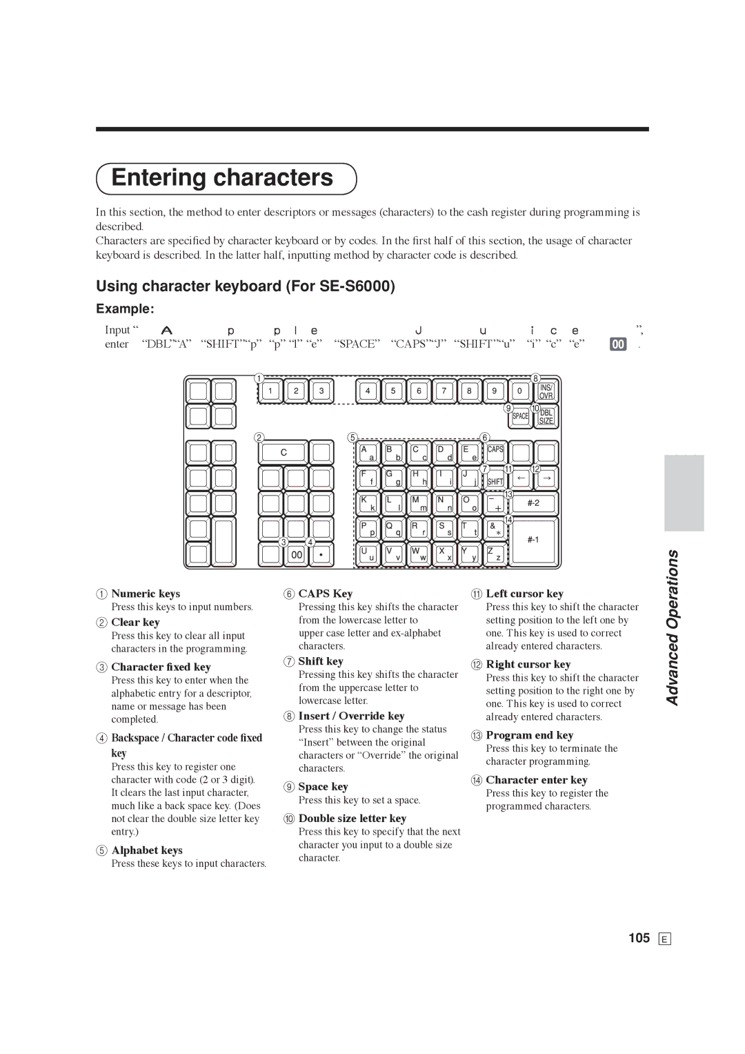 Casio SE-C6000 user manual Entering characters, Using character keyboard For SE-S6000, 105 