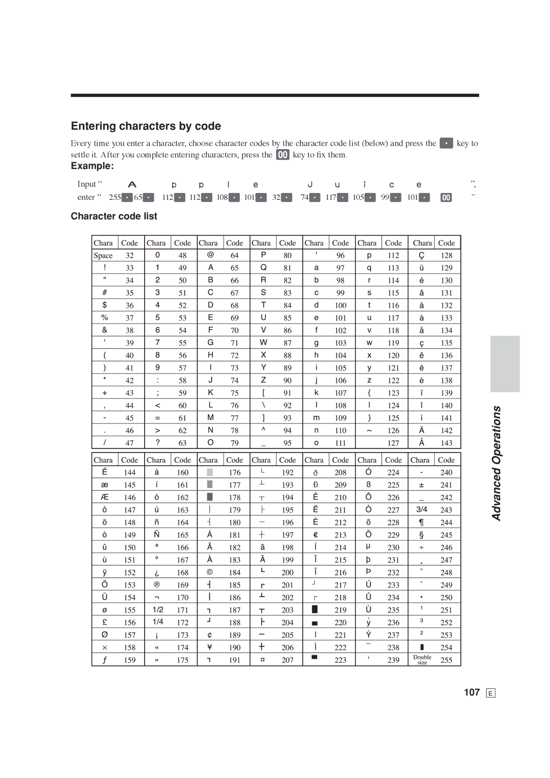 Casio SE-C6000, SE-S6000 user manual Entering characters by code, Character code list, 107 