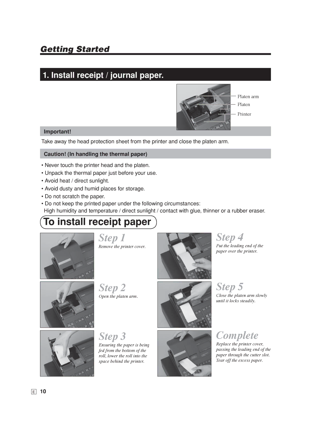 Casio SE-S6000, SE-C6000 user manual To install receipt paper, Getting Started 