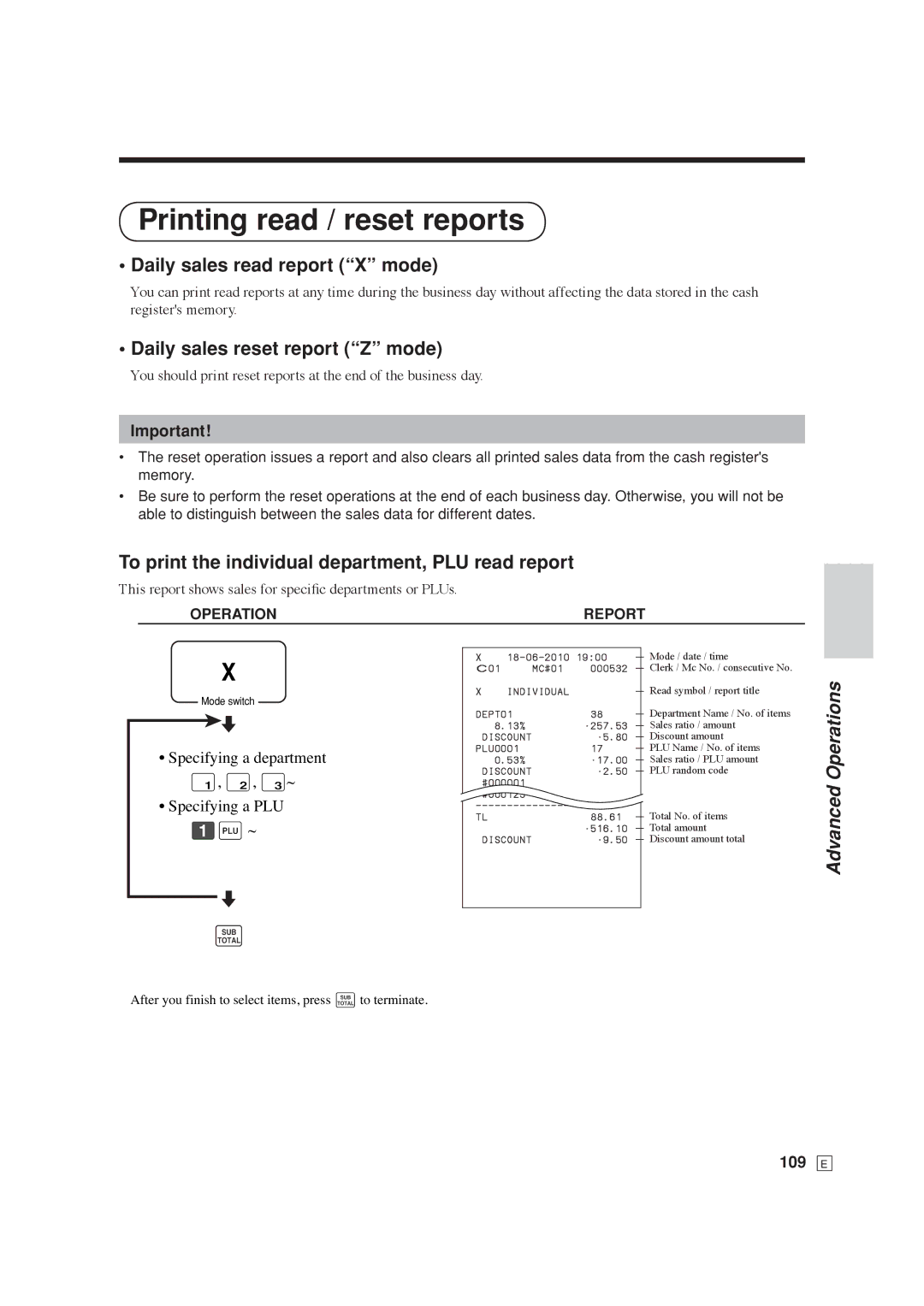 Casio SE-C6000 Printing read / reset reports, Daily sales read report X mode, Daily sales reset report Z mode, 109 