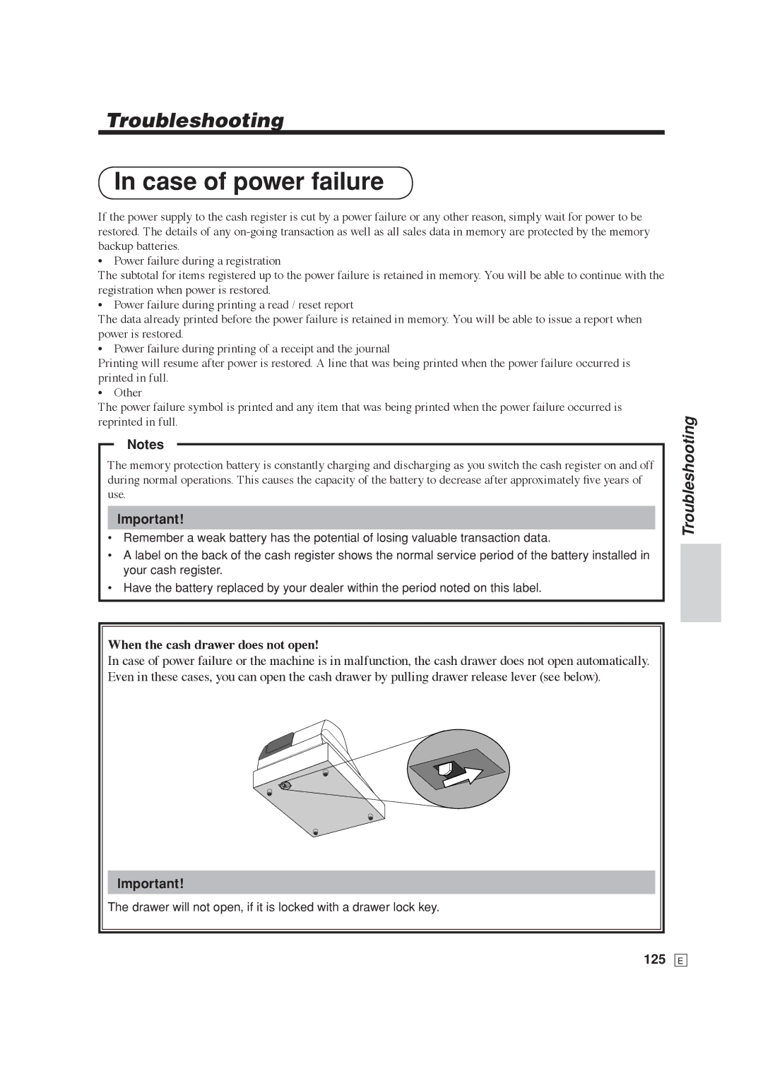 Casio SE-C6000, SE-S6000 user manual Case of power failure, Troubleshooting, 125 