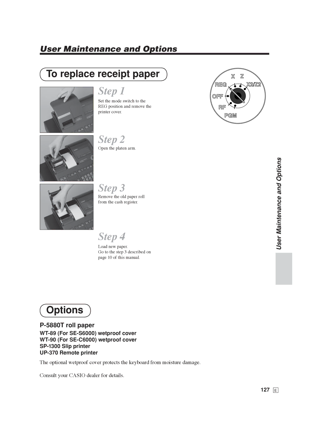 Casio SE-C6000, SE-S6000 user manual To replace receipt paper, 5880T roll paper, User Maintenance and Options, 127 