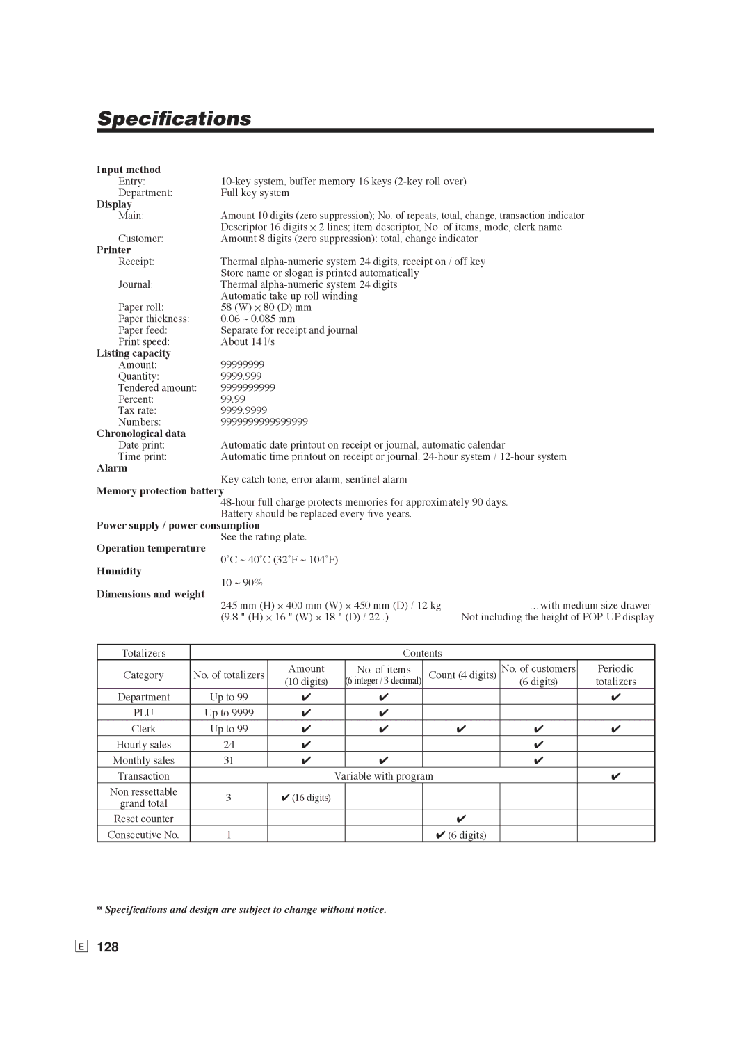 Casio SE-S6000, SE-C6000 user manual Speciﬁcations, 128 