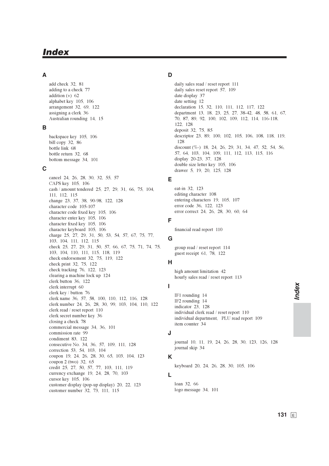 Casio SE-C6000, SE-S6000 user manual Index, 131 