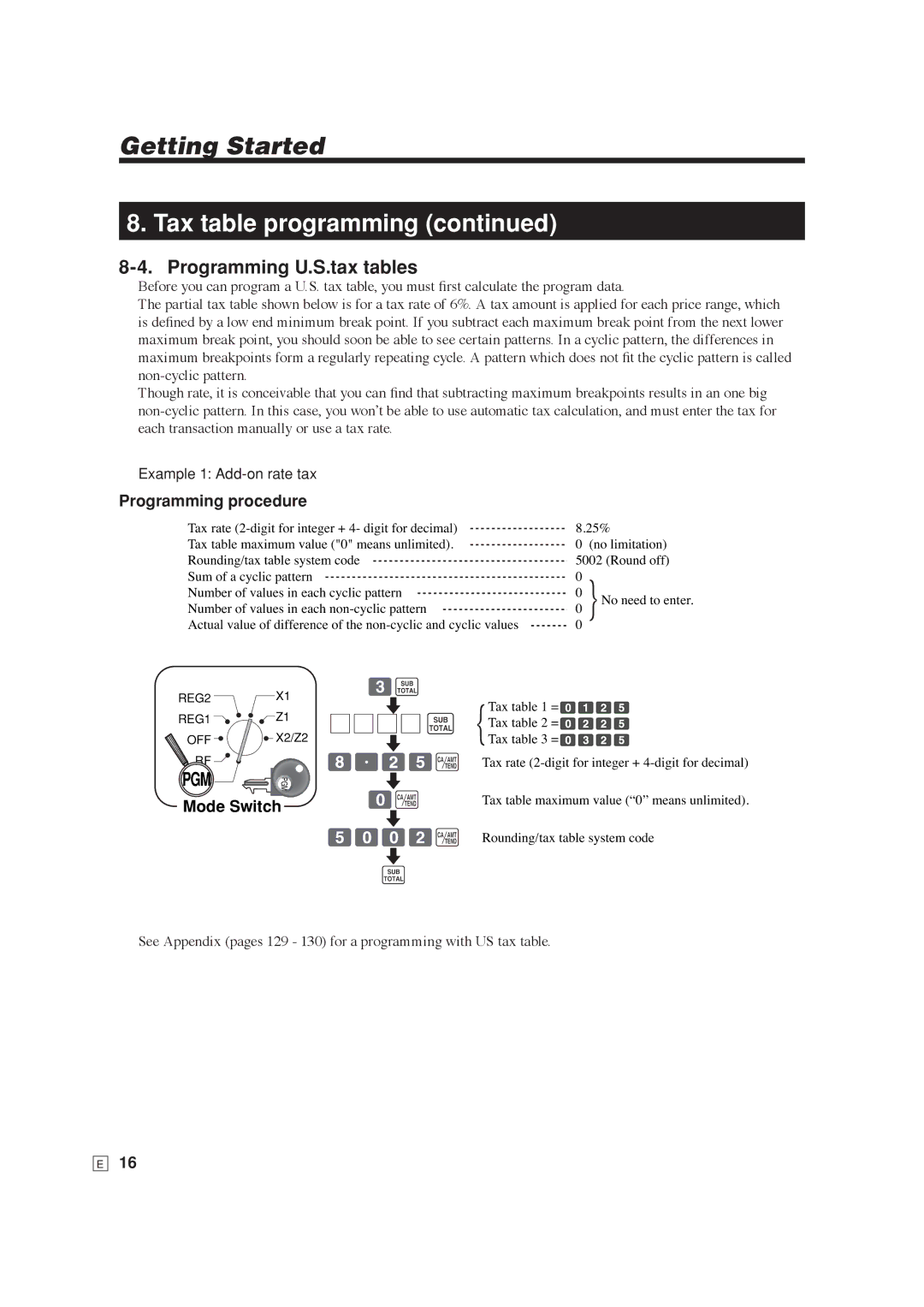 Casio SE-S6000, SE-C6000 user manual Programming U.S.tax tables, Mode Switch 