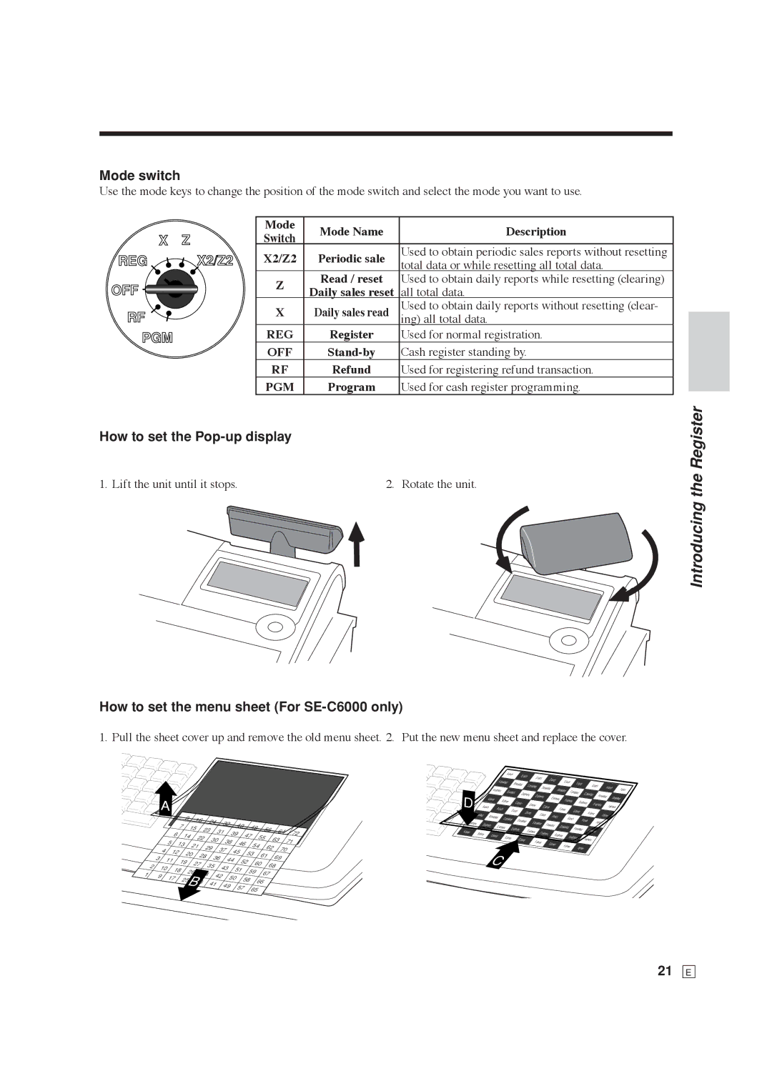 Casio Introducing the Register, X2/Z2, How to set the Pop-up display, How to set the menu sheet For SE-C6000 only 