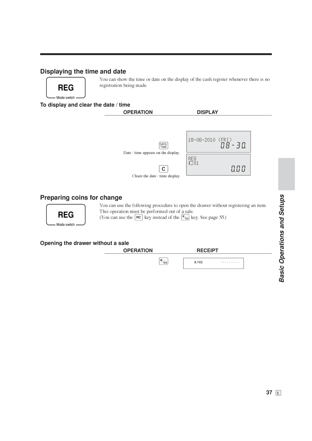 Casio SE-C6000, SE-S6000 Displaying the time and date, Preparing coins for change, To display and clear the date / time 